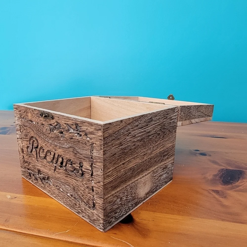 Rustic Hinged Wooden Recipe Box Folk Art Cutout Farmhouse